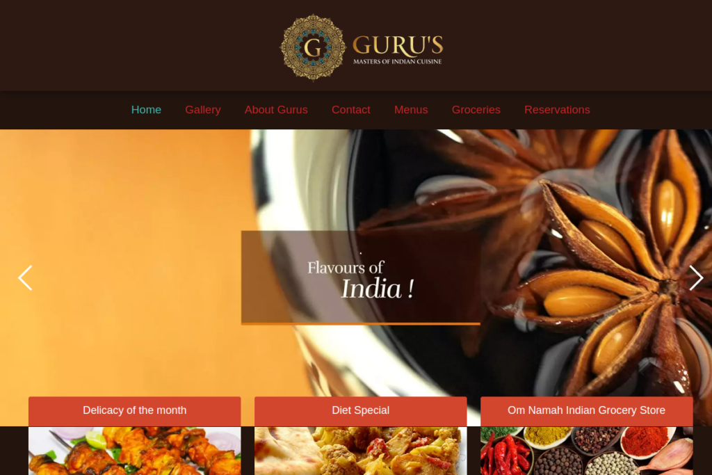 Screenshot of the Guru's Indian Cuisine website homepage