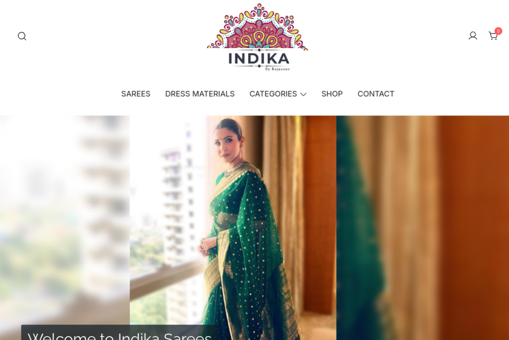 Screenshot of the Indika Sarees online store homepage